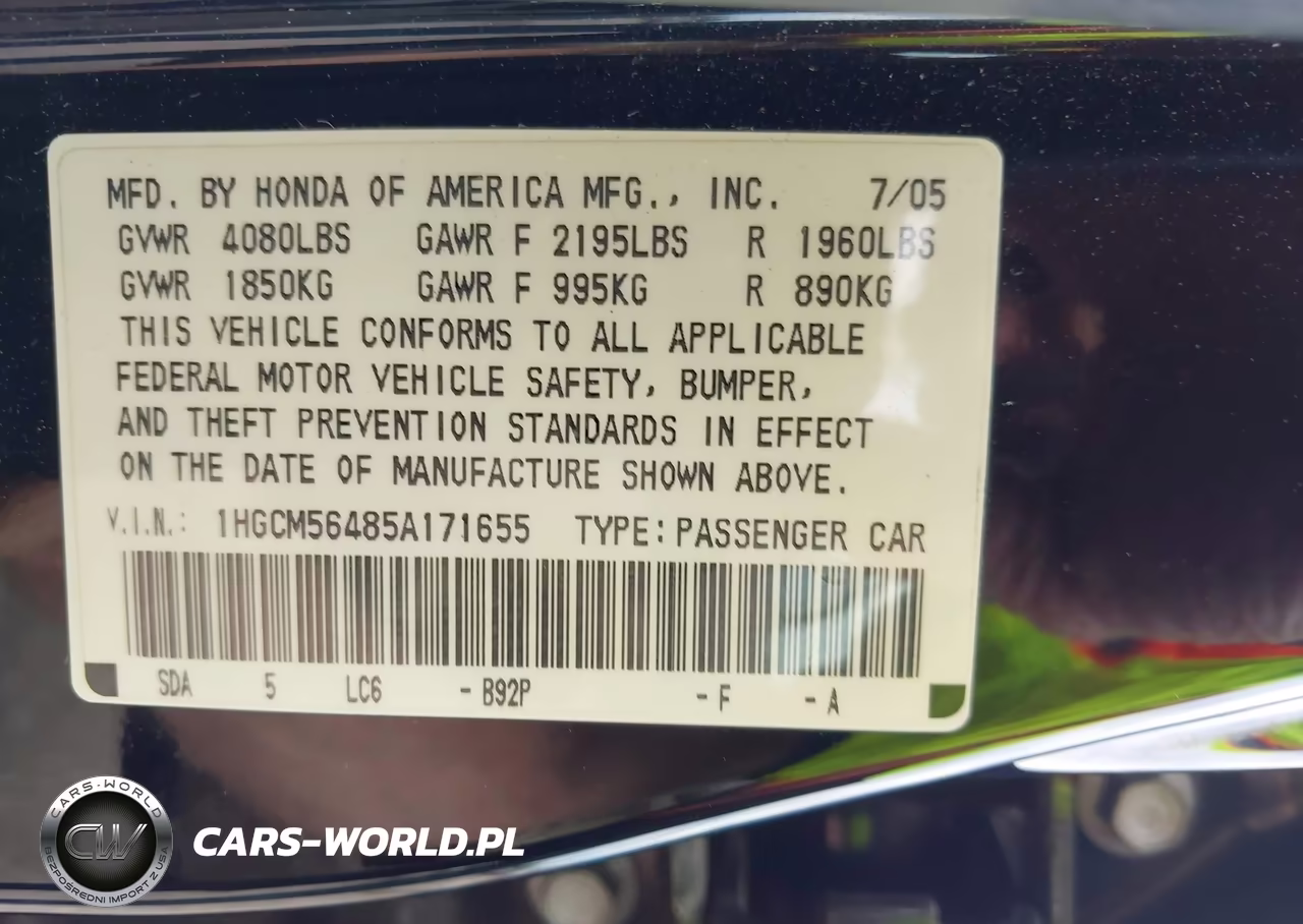 2005 Honda Accord 2.4 Lx VIN:1HGCM56485A171655 - 9