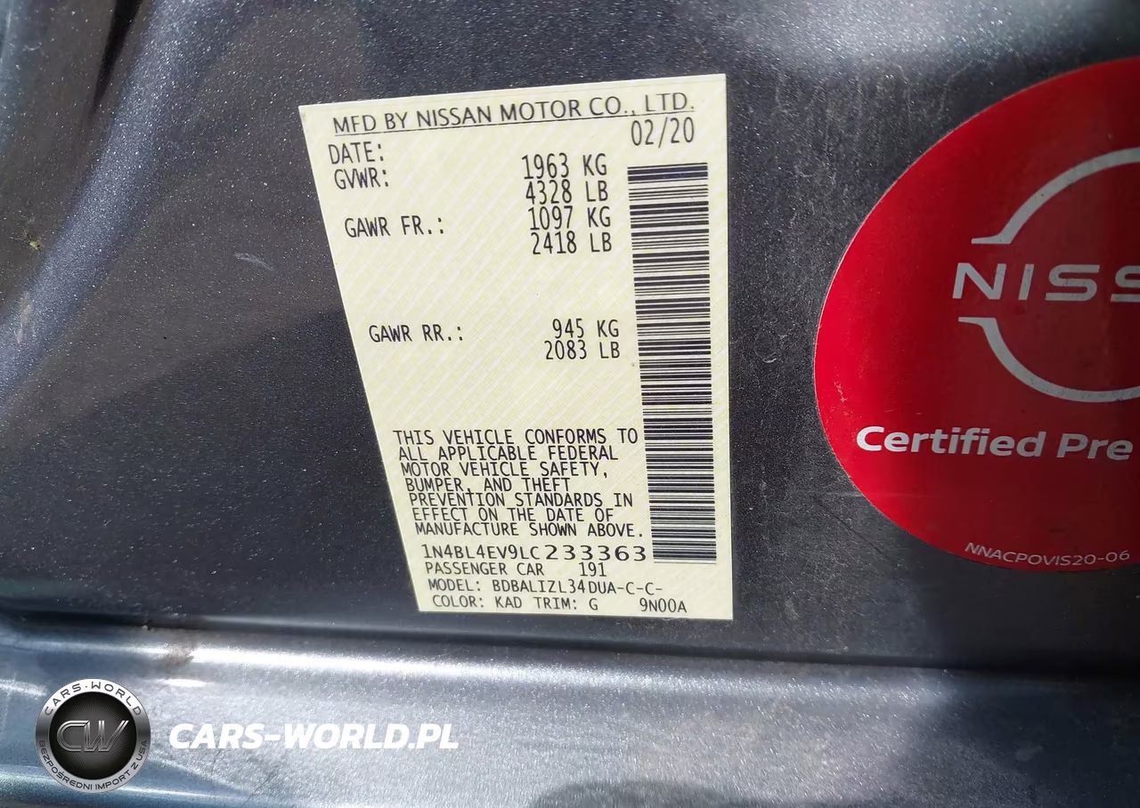 2020 Nissan Altima Sl Fwd VIN:1N4BL4EV9LC233363 - 9