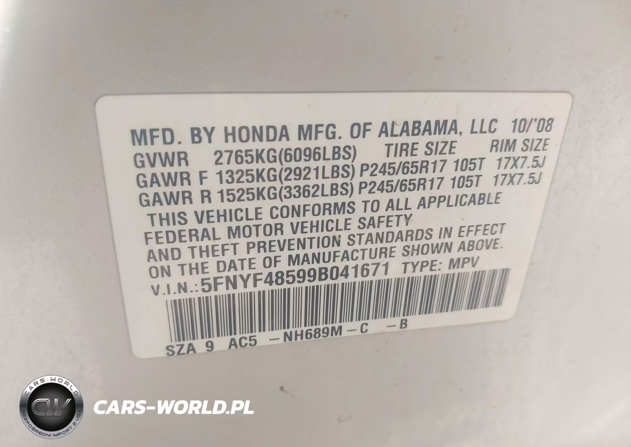 2009 Honda Pilot Ex-L VIN:5FNYF48599B041671 - 9