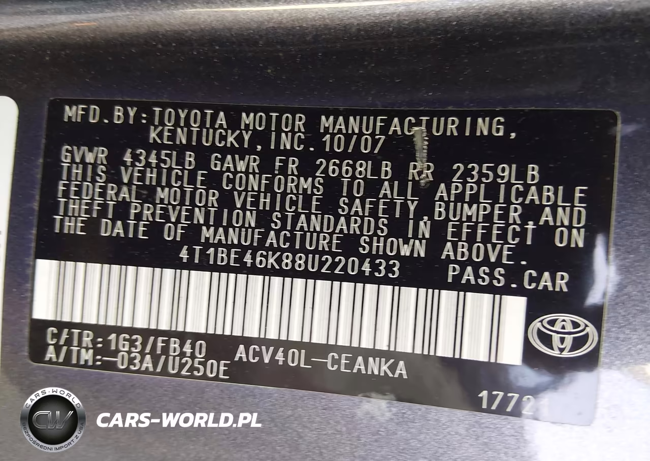 2008 Toyota Camry Le VIN:4T1BE46K88U220433 - 9