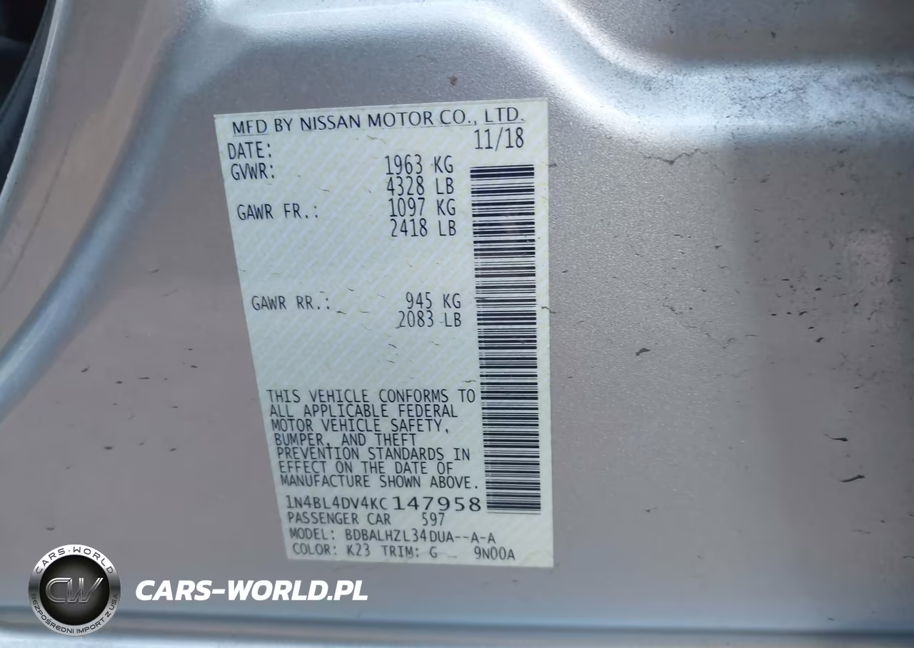 2019 Nissan Altima 2.5 Sv VIN:1N4BL4DV4KC147958 - 9