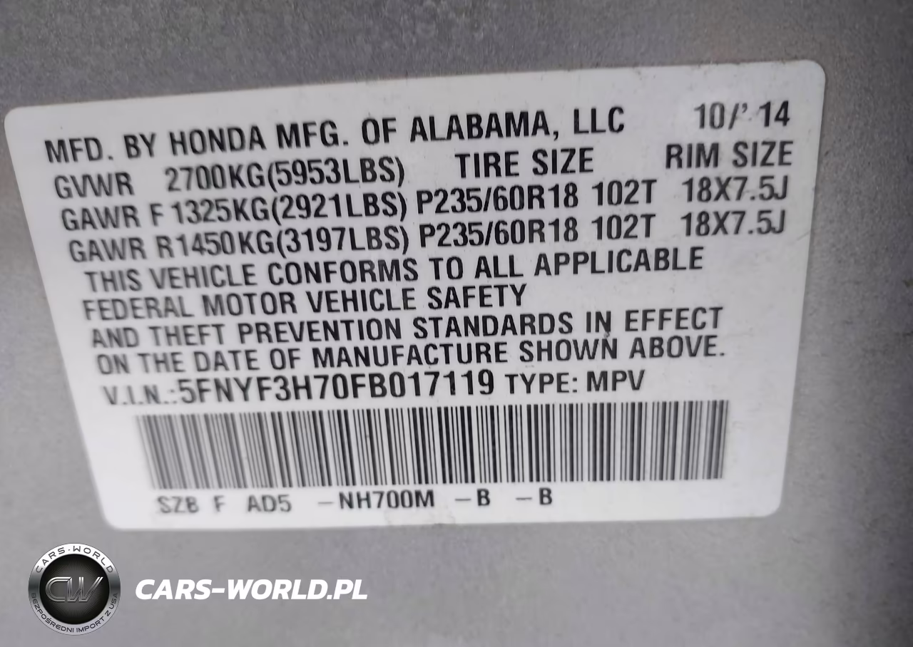 2015 Honda Pilot Ex-L VIN:5FNYF3H70FB017119 - 9
