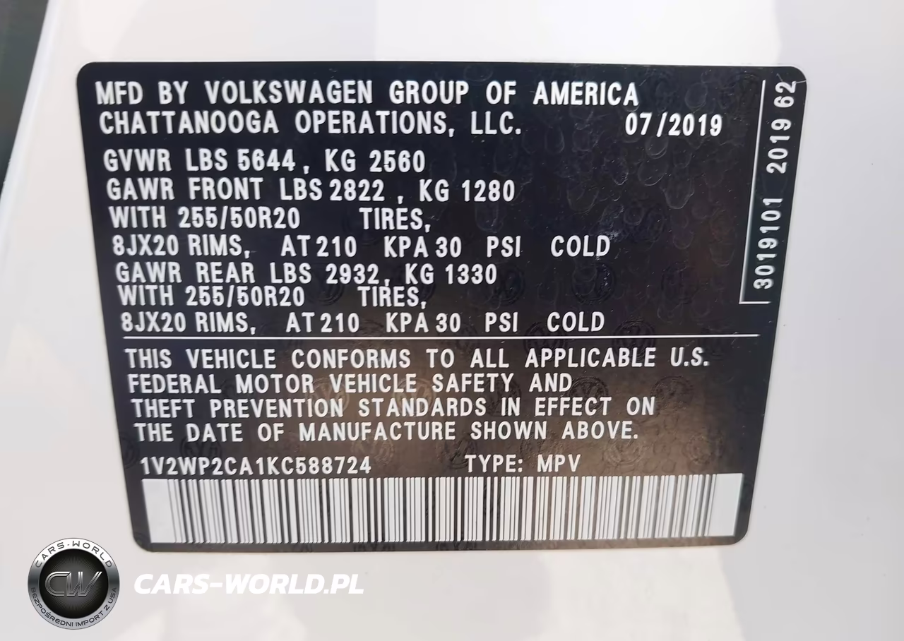 2019 Volkswagen Atlas 2.0T Se W-Technology VIN:1V2WP2CA1KC588724 - 9