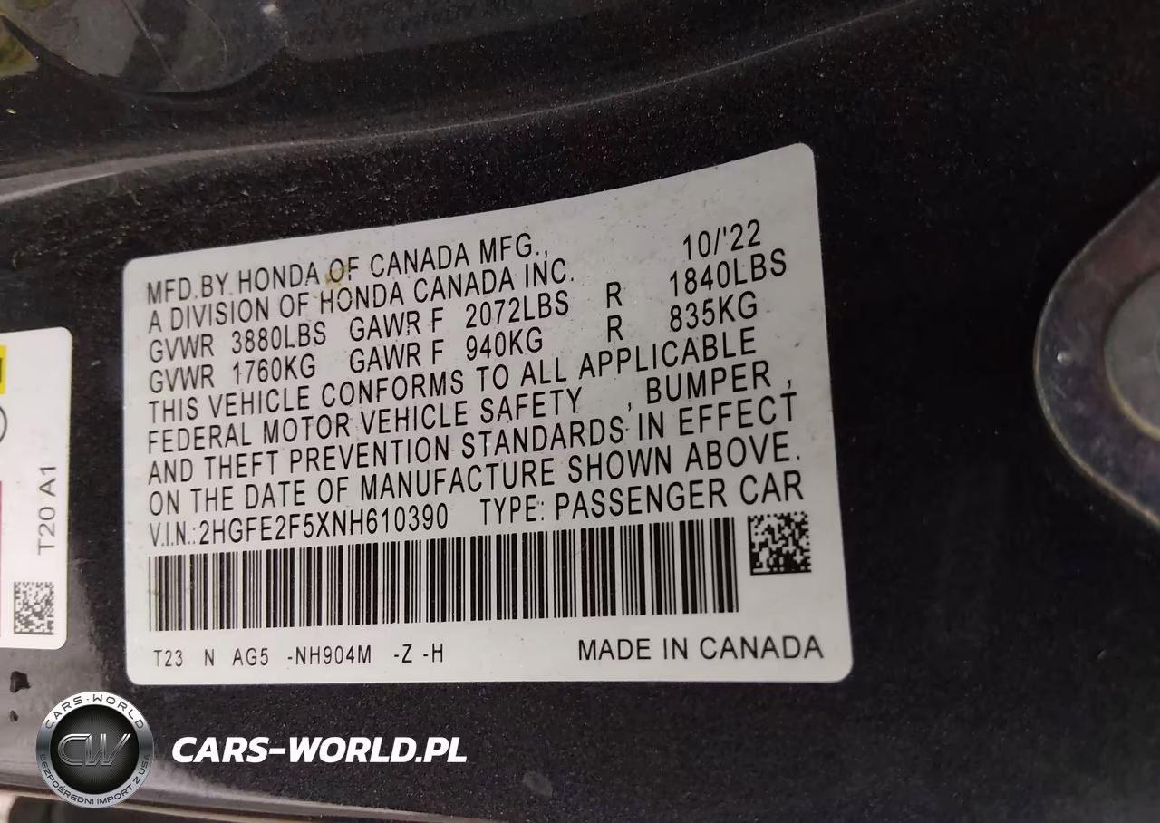 2022 Honda Civic Sport VIN:2HGFE2F5XNH610390 - 9