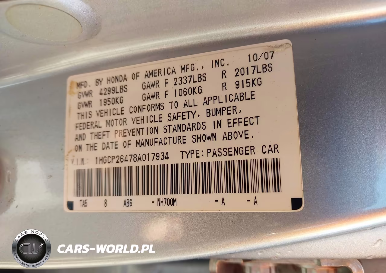 2008 Honda Accord 2.4 Lx-P VIN:1HGCP26478A017934 - 9