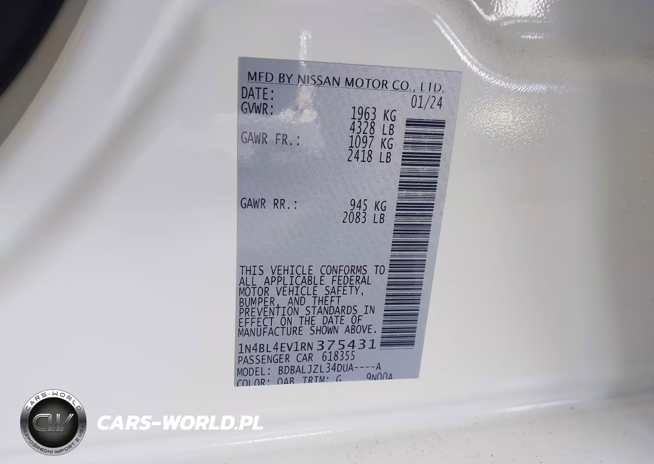 2024 Nissan Altima Sl Fwd VIN:1N4BL4EV1RN375431 - 9
