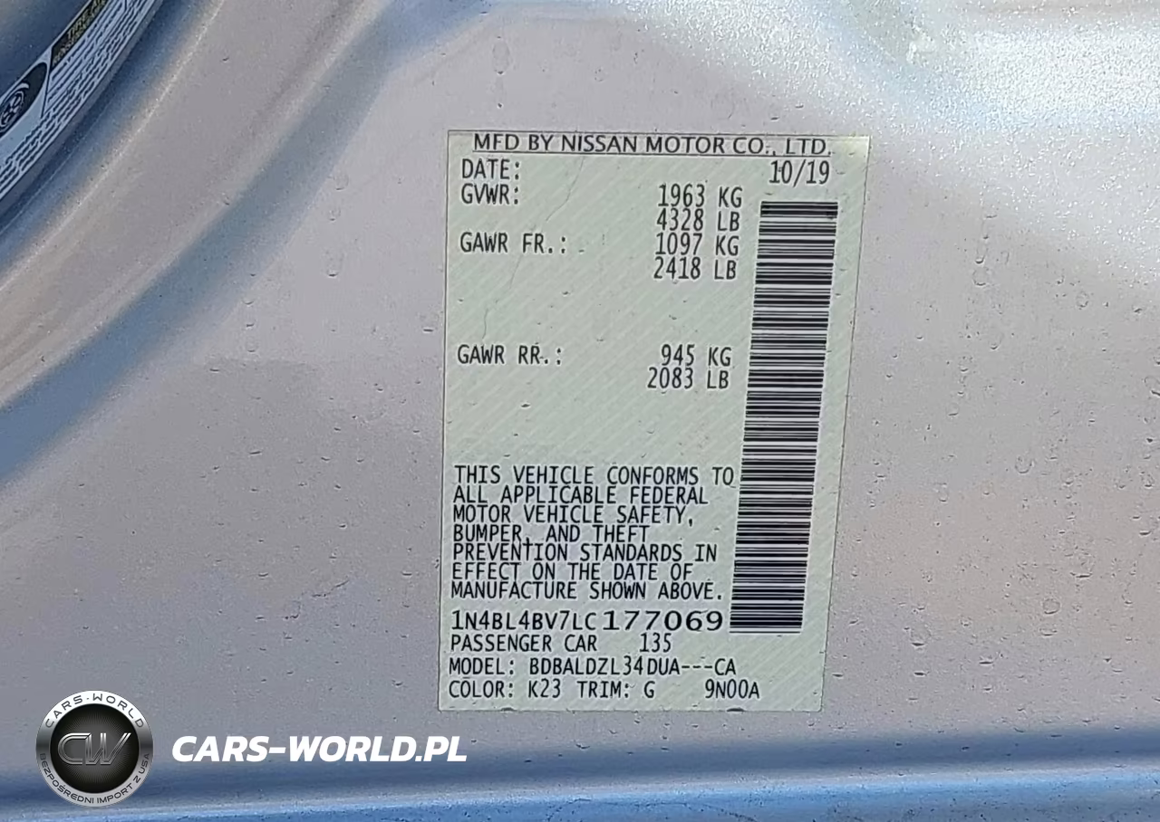 2020 Nissan Altima S Fwd VIN:1N4BL4BV7LC177069 - 9