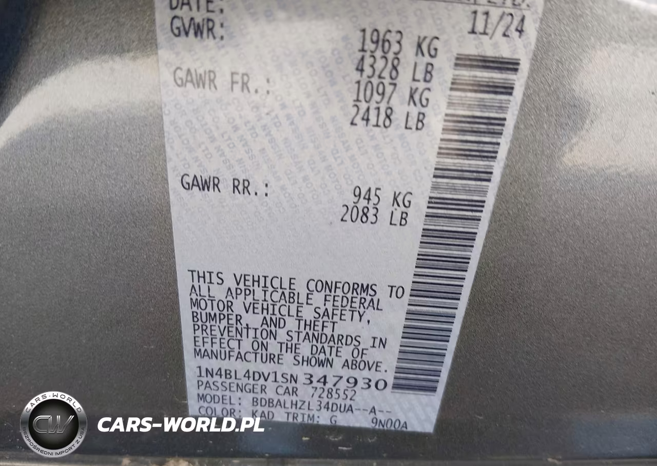 2025 Nissan Altima Sv Fwd VIN:1N4BL4DV1SN347930 - 9