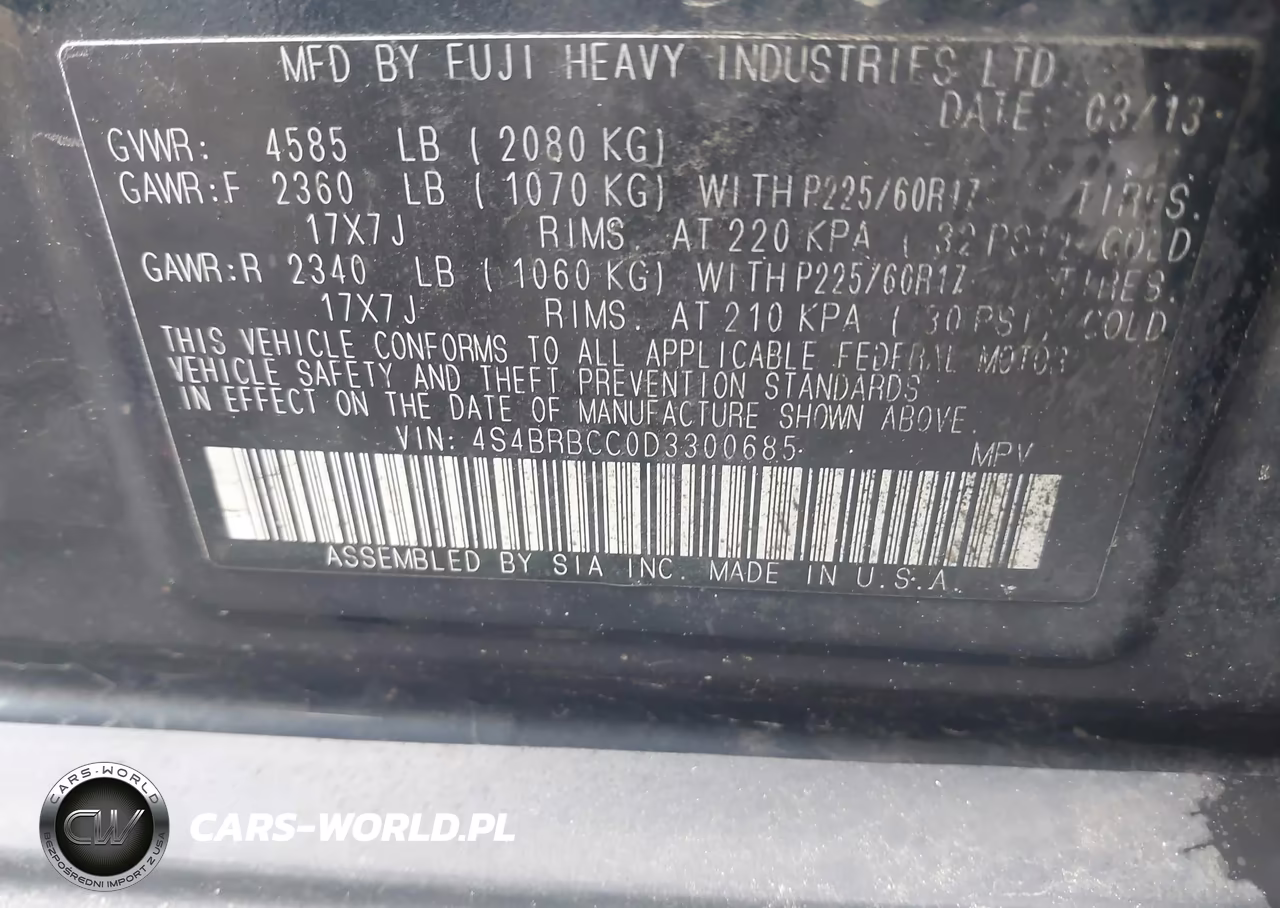 2013 Subaru Outback 2.5I Premium VIN:4S4BRBCC0D3300685 - 9