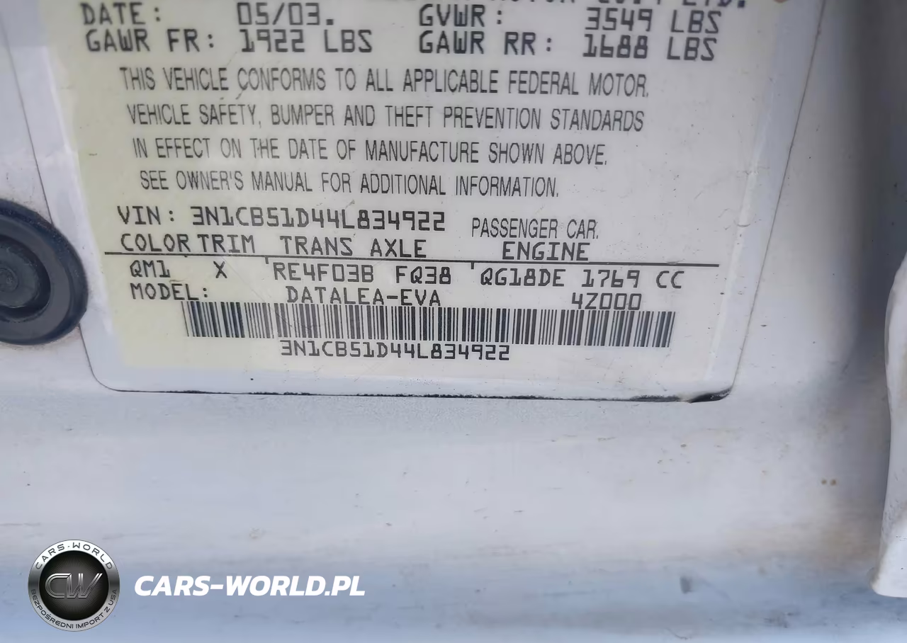 2004 Nissan Sentra 1.8S VIN:3N1CB51D44L834922 - 9