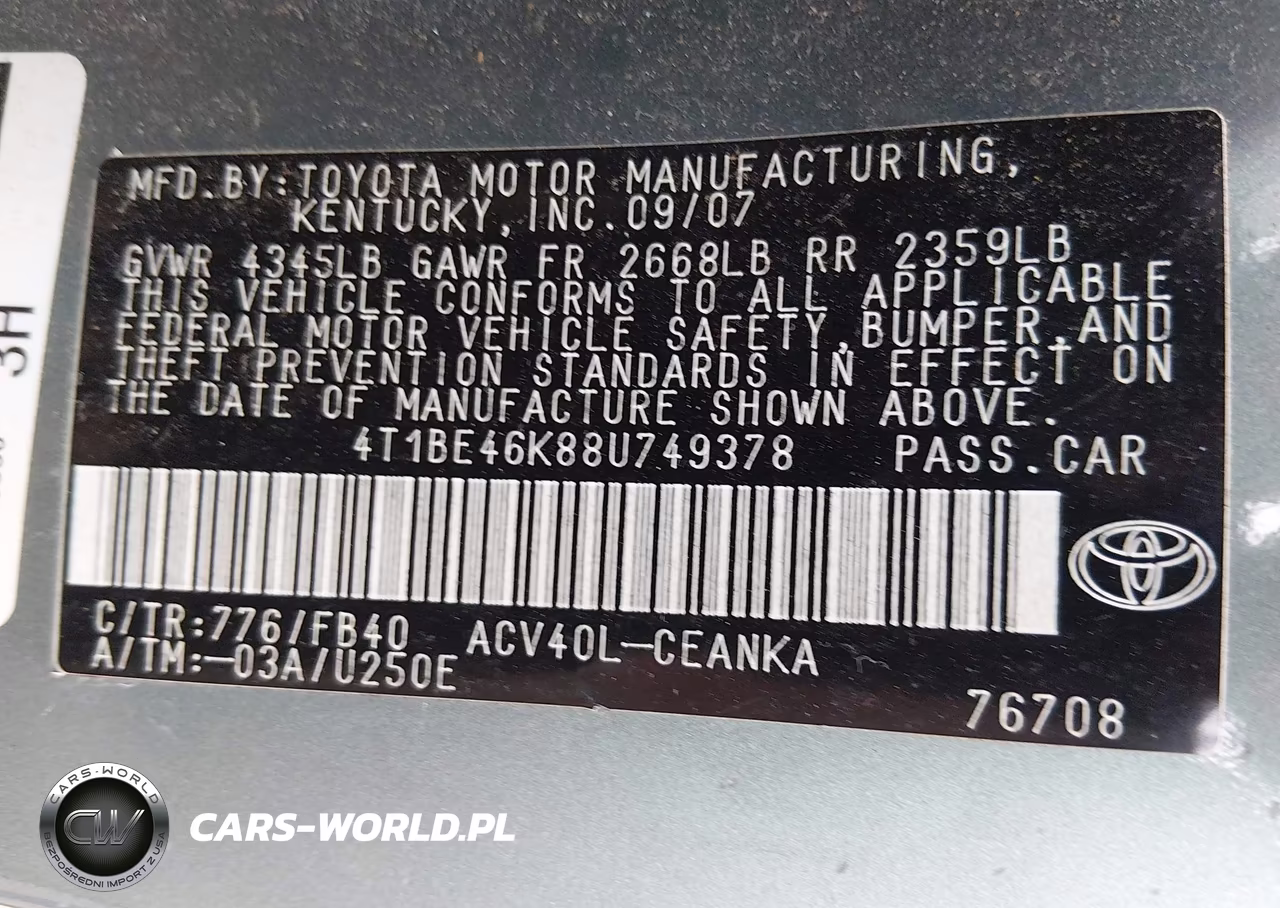 2008 Toyota Camry Le VIN:4T1BE46K88U749378 - 9