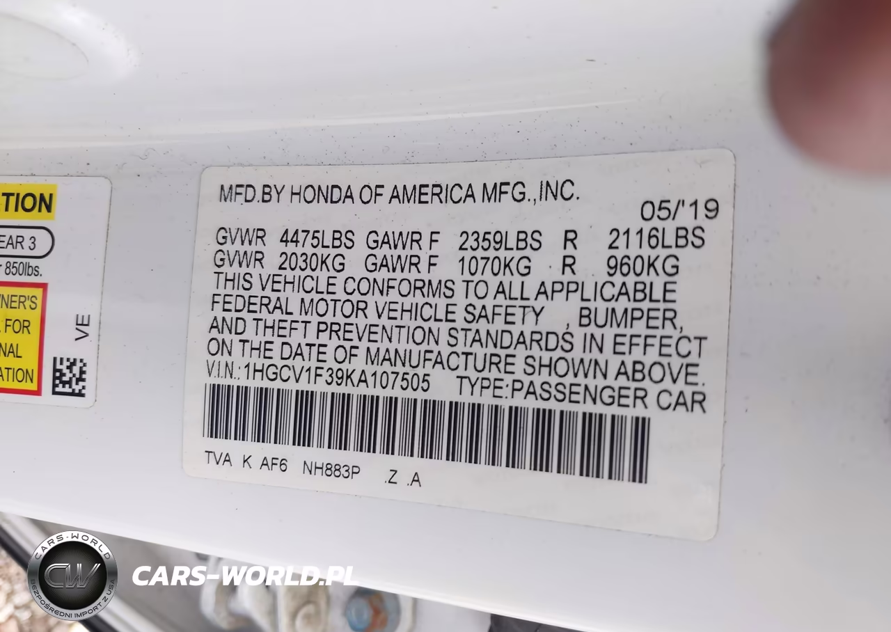 2019 Honda Accord Sport VIN:1HGCV1F39KA107505 - 9