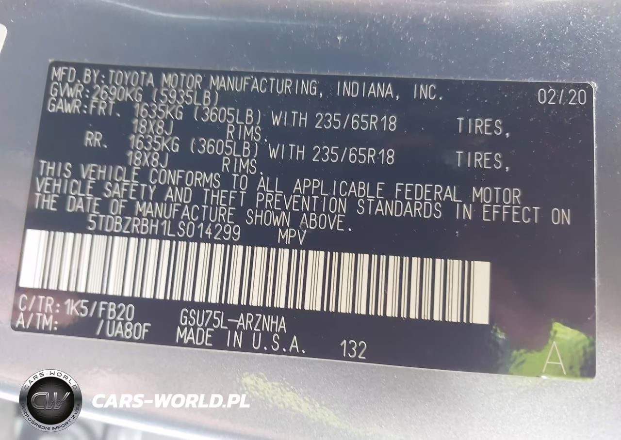 2020 Toyota Highlander Le VIN:5TDBZRBH1LS014299 - 9