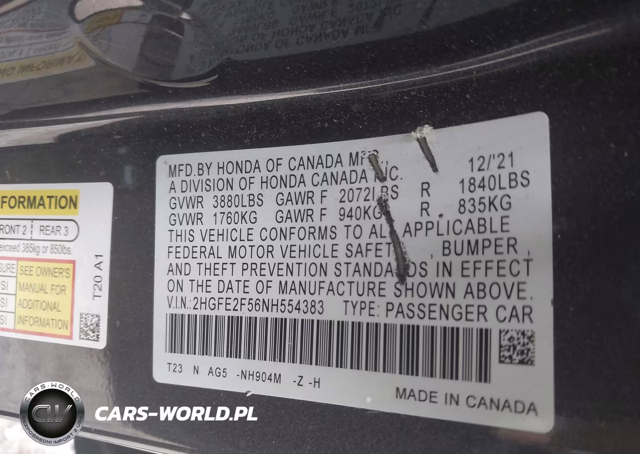 2022 Honda Civic Sport VIN:2HGFE2F56NH554383 - 9