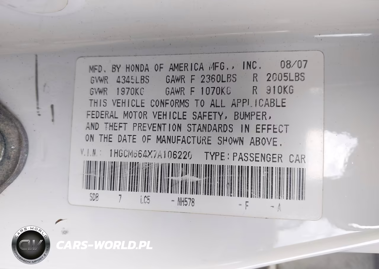 2007 Honda Accord 3.0 Se VIN:1HGCM664X7A106220 - 9