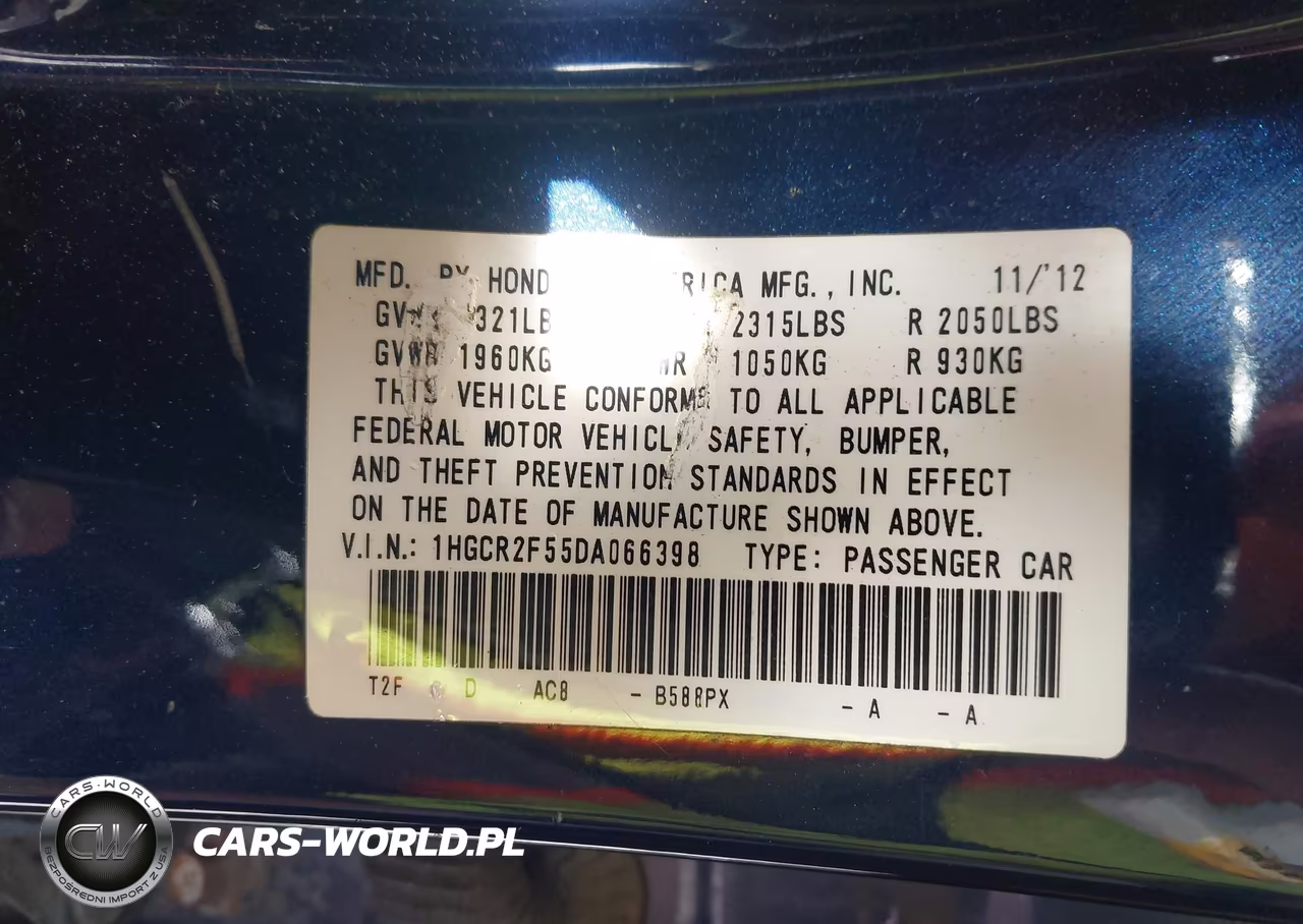 2013 Honda Accord Sport VIN:1HGCR2F55DA066398 - 9