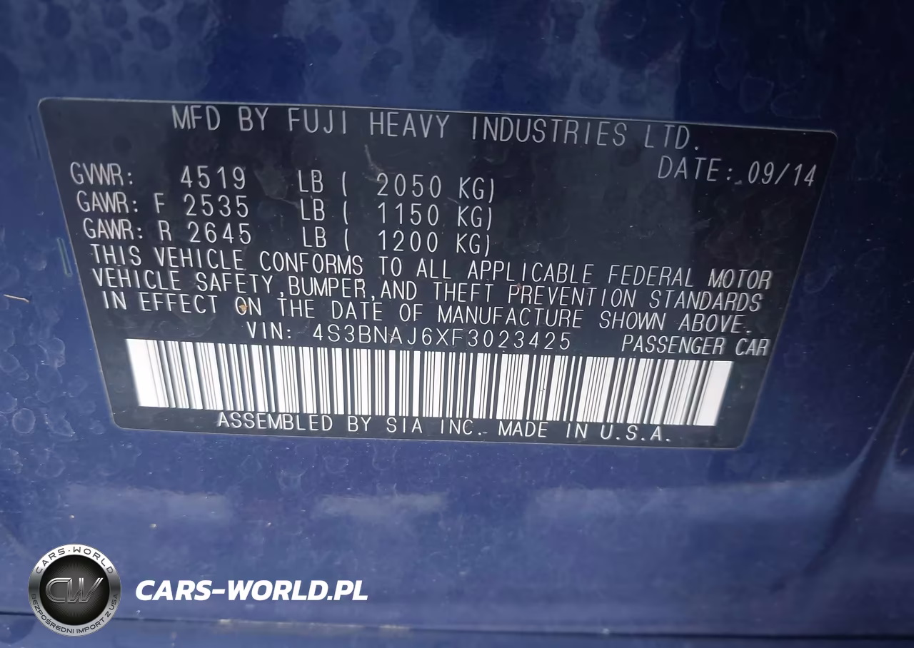 2015 Subaru Legacy 2.5I Limited VIN:4S3BNAJ6XF3023425 - 9