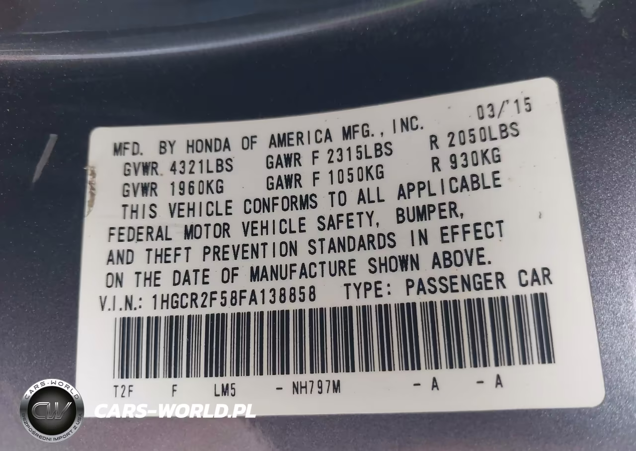 2015 Honda Accord Sport VIN:1HGCR2F58FA138858 - 9