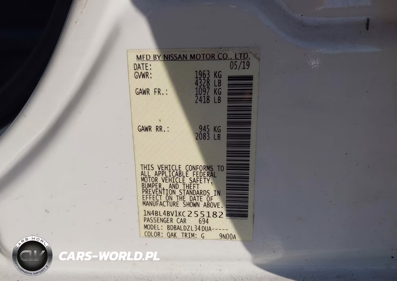 2019 Nissan Altima 2.5 S VIN:1N4BL4BV1KC255182 - 9
