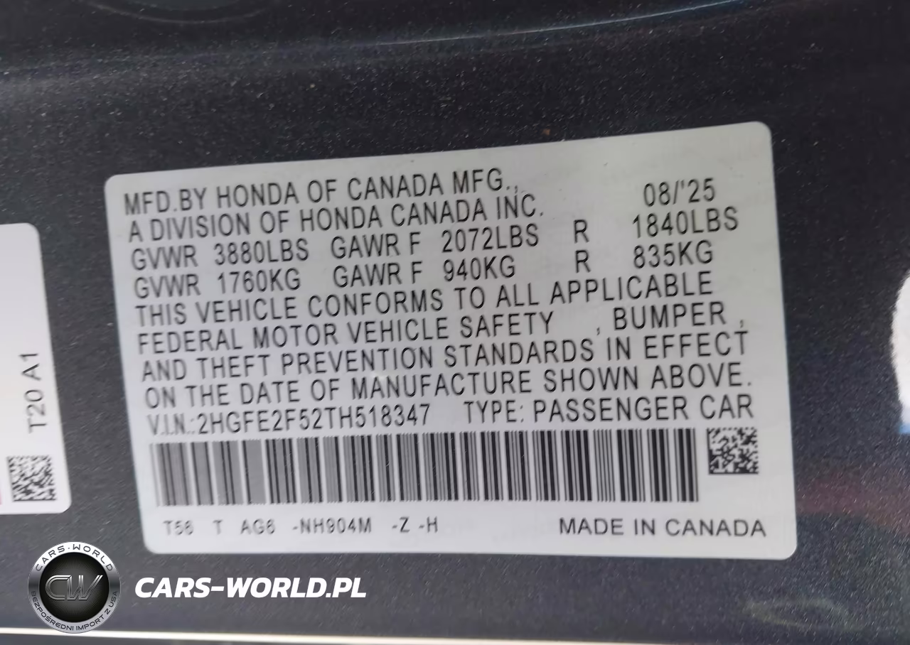 2026 Honda Civic Sport VIN:2HGFE2F52TH518347 - 9