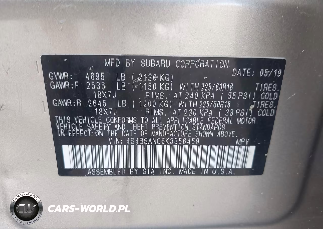 2019 Subaru Outback 2.5I Limited VIN:4S4BSANC6K3356459 - 9