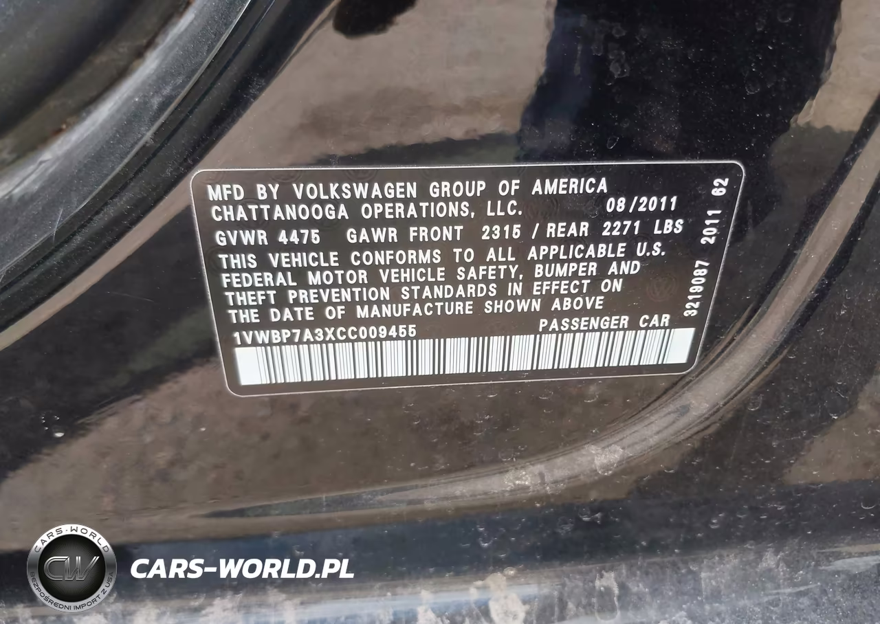 2012 Volkswagen Passat 2.5L Se VIN:1VWBP7A3XCC009455 - 9