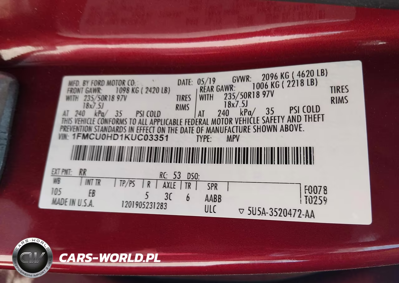 FORD ESCAPE SEL VIN:1FMCU0HD1KUC03351 - 9