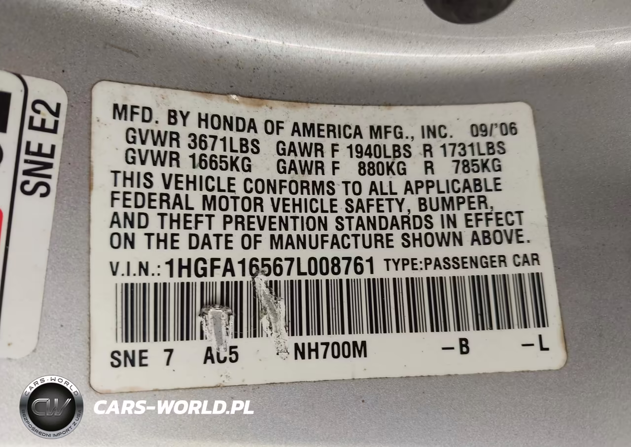 2007 Honda Civic Lx VIN:1HGFA16567L008761 - 9