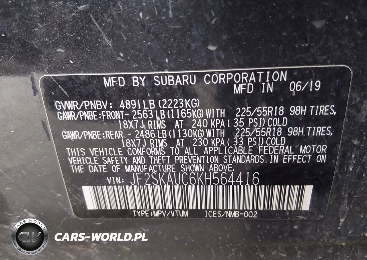 2019 Subaru Forester Limited VIN:JF2SKAUC6KH564416 - 9