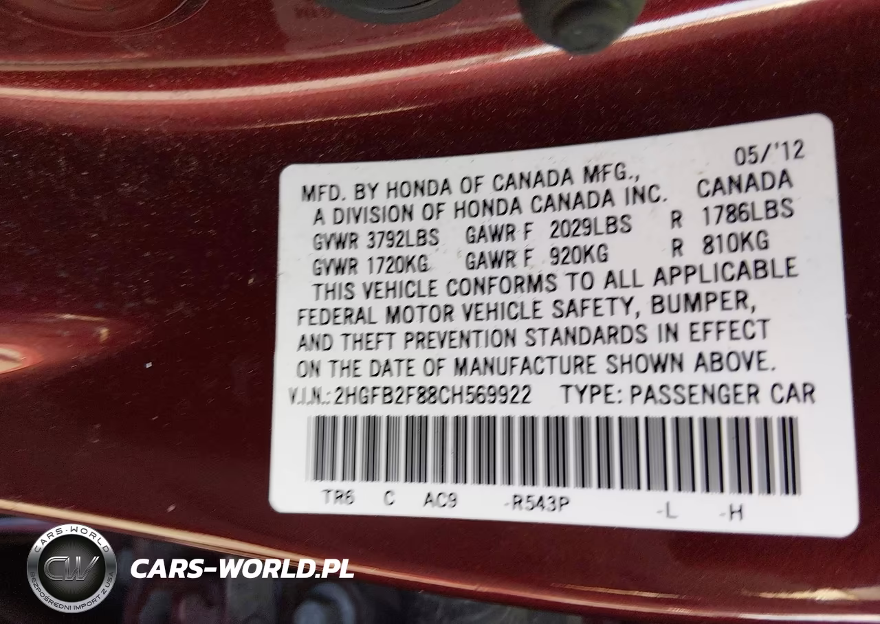 2012 Honda Civic Ex VIN:2HGFB2F88CH569922 - 9