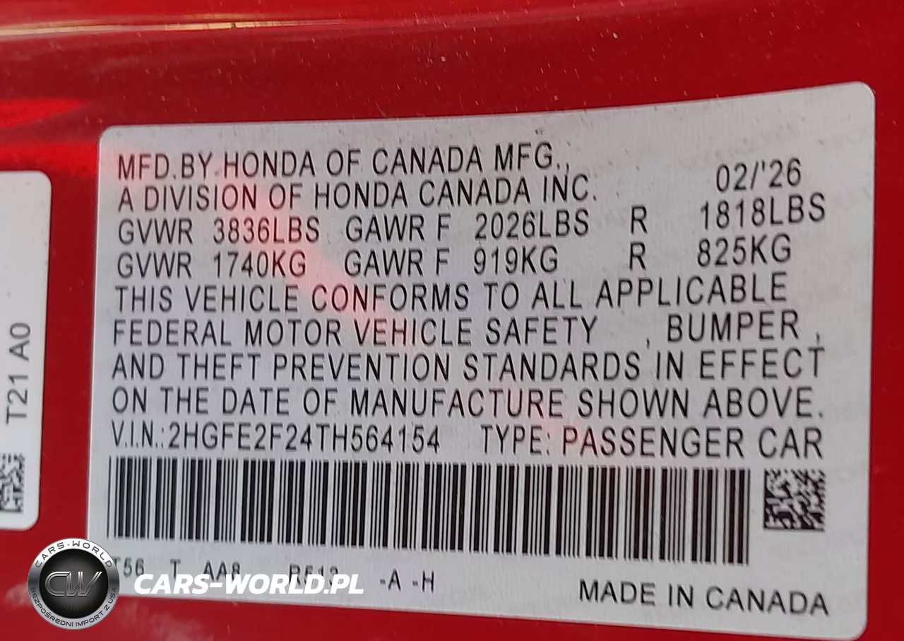 2026 Honda Civic Lx VIN:2HGFE2F24TH564154 - 9