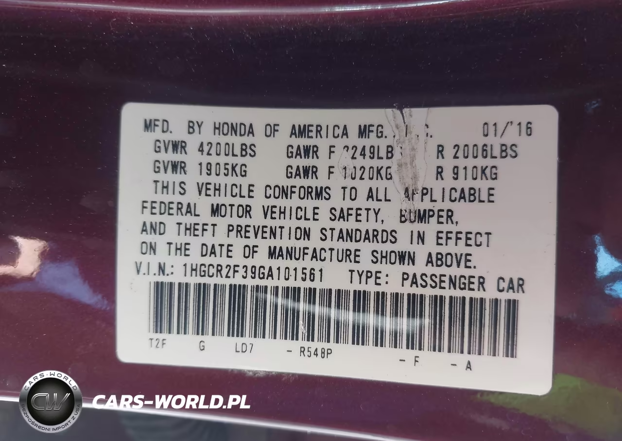 2016 Honda Accord Lx VIN:1HGCR2F39GA101561 - 9