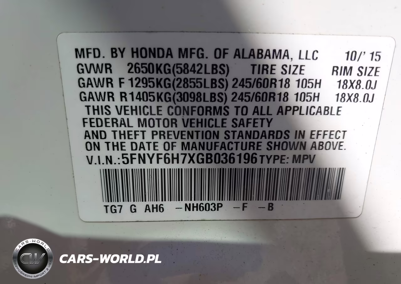 2016 Honda Pilot Ex-L VIN:5FNYF6H7XGB036196 - 9