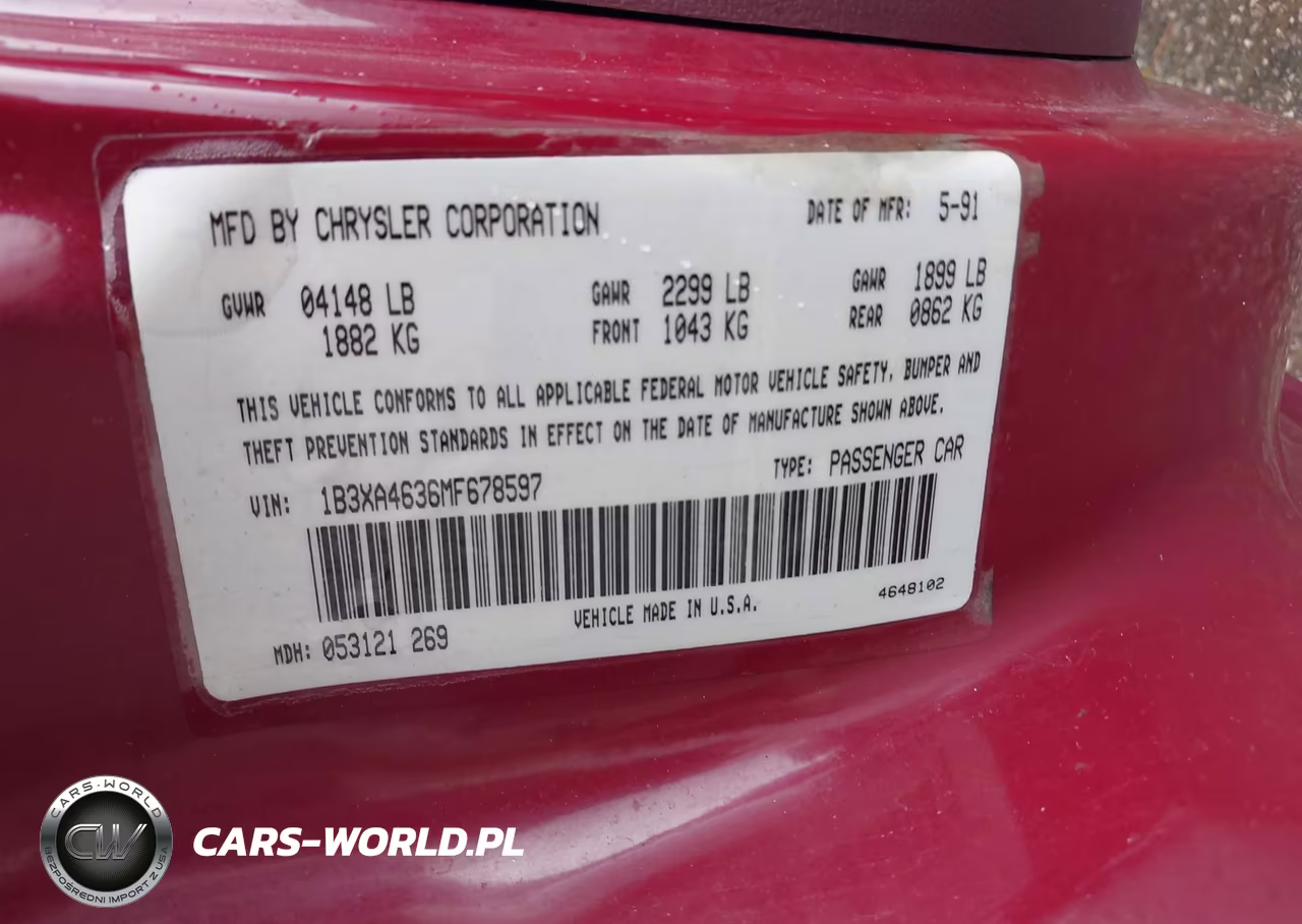 1991 Dodge Spirit VIN:1B3XA4636MF678597 - 9