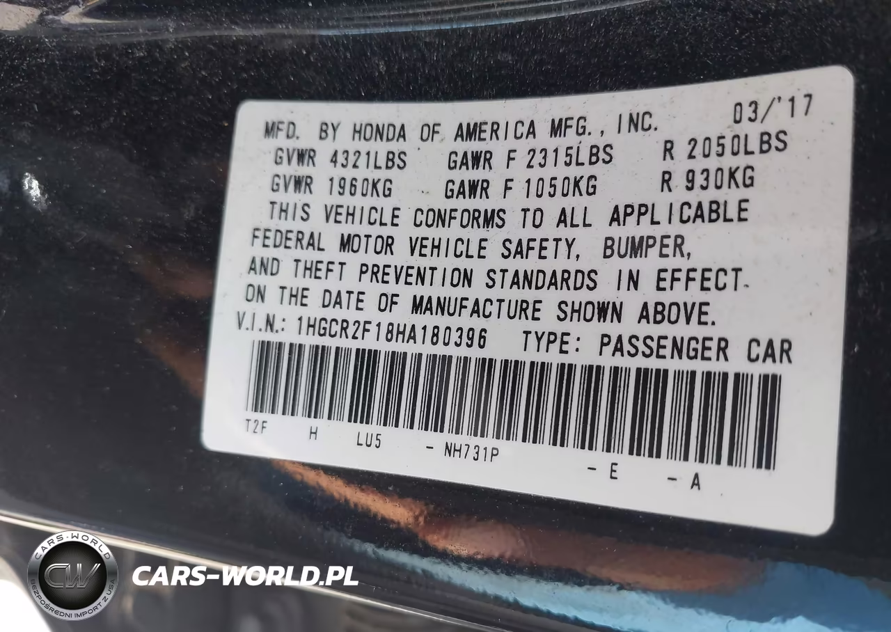 2017 Honda Accord Sport Se VIN:1HGCR2F18HA180396 - 9