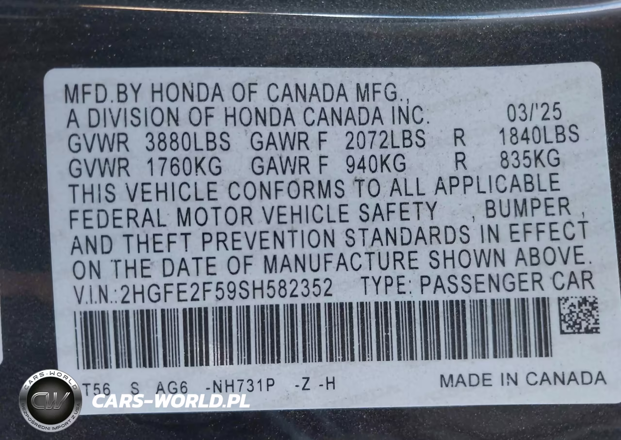 2025 Honda Civic Sport VIN:2HGFE2F59SH582352 - 9