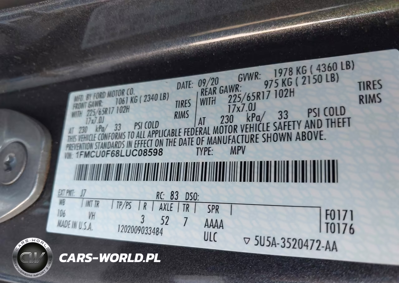 2020 Ford Escape S VIN:1FMCU0F68LUC08598 - 9