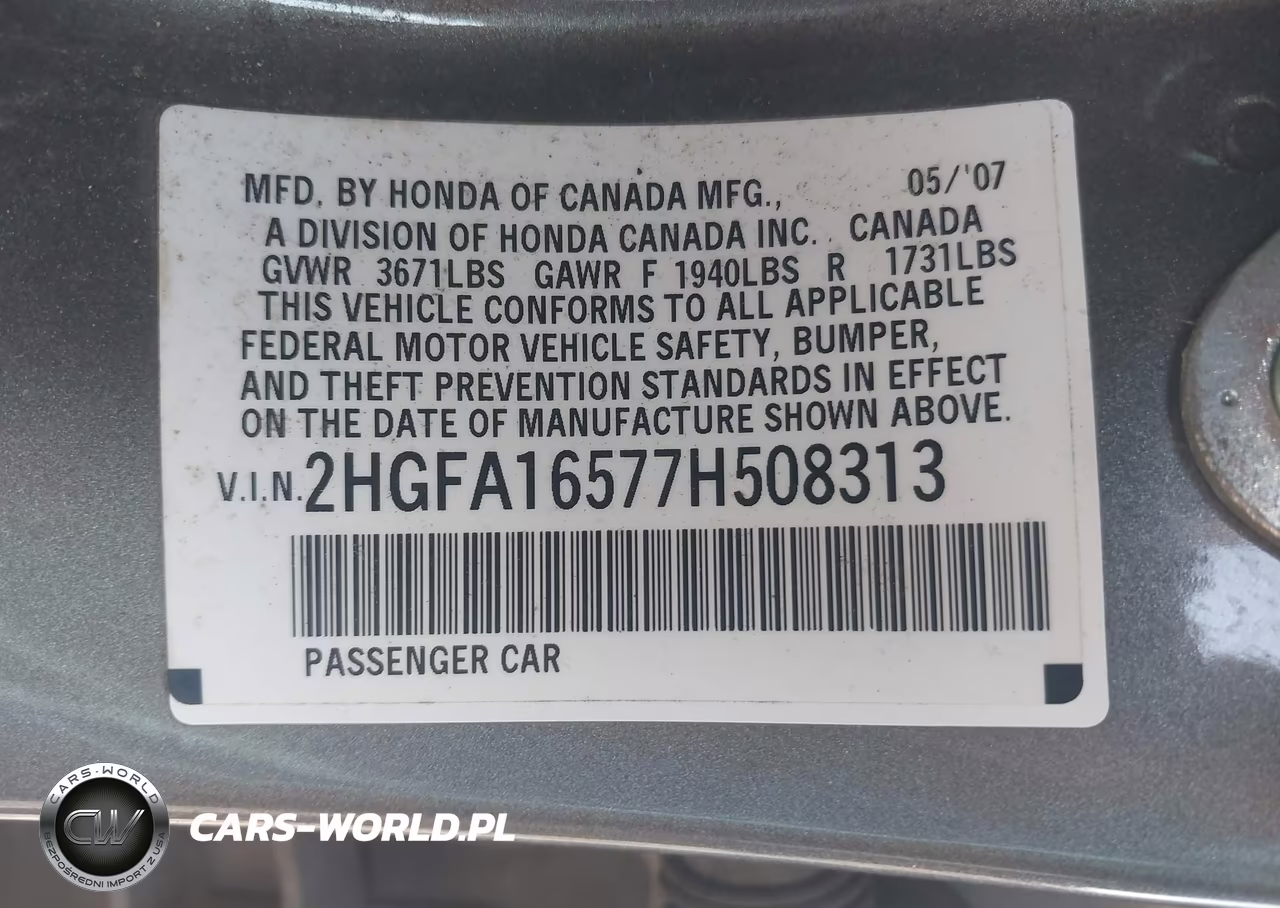 2007 Honda Civic Lx VIN:2HGFA16577H508313 - 9