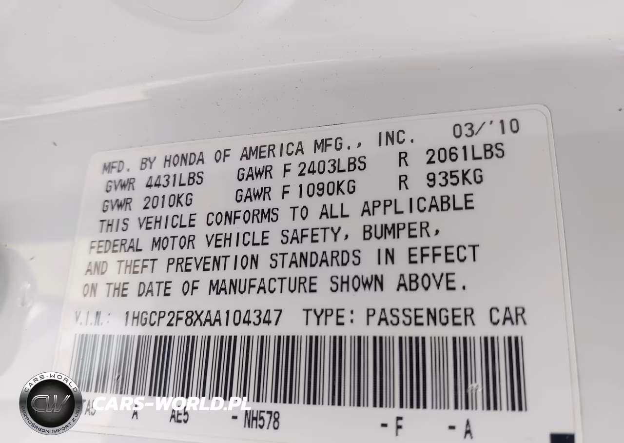 2010 Honda Accord 2.4 Ex-L VIN:1HGCP2F8XAA104347 - 9