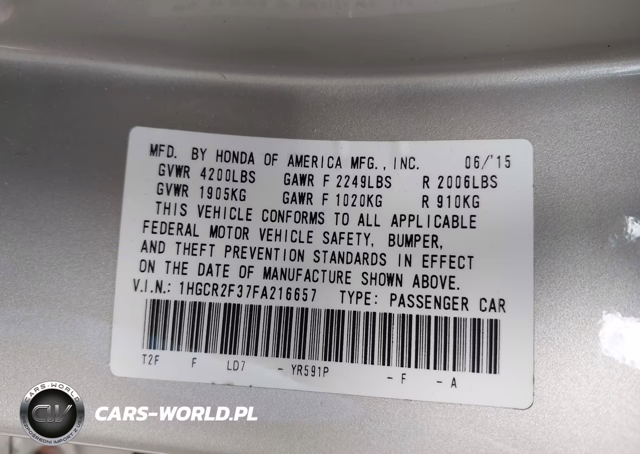 2015 Honda Accord Lx VIN:1HGCR2F37FA216657 - 9