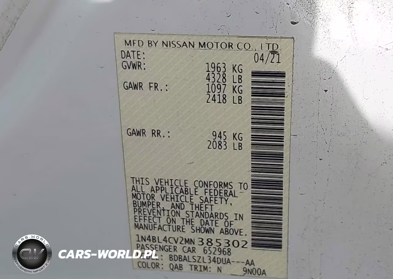 2021 Nissan Altima Sr Fwd VIN:1N4BL4CV2MN385302 - 9