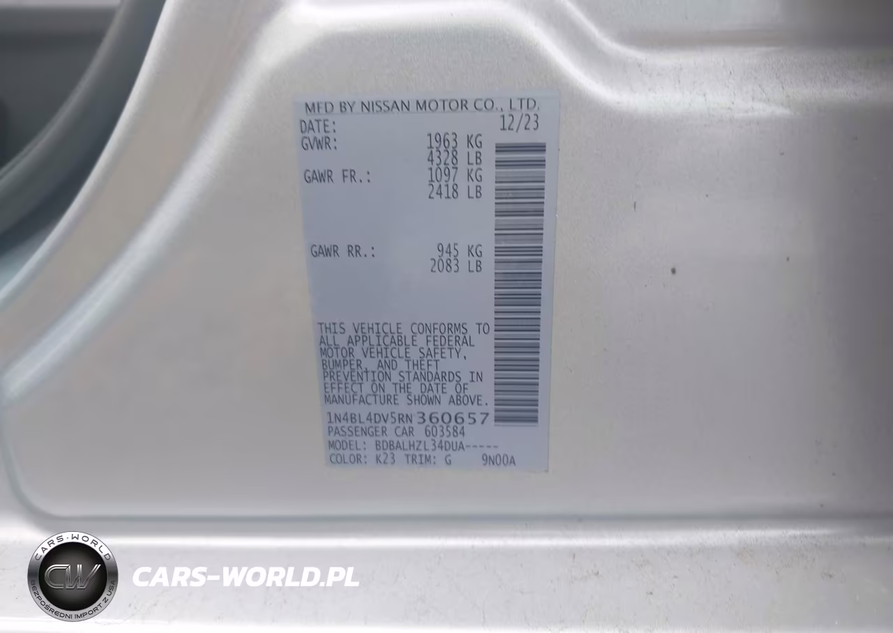 2024 Nissan Altima Sv Fwd VIN:1N4BL4DV5RN360657 - 9