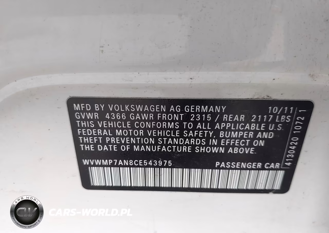 2012 Volkswagen Cc Sport VIN:WVWMP7AN8CE543975 - 9