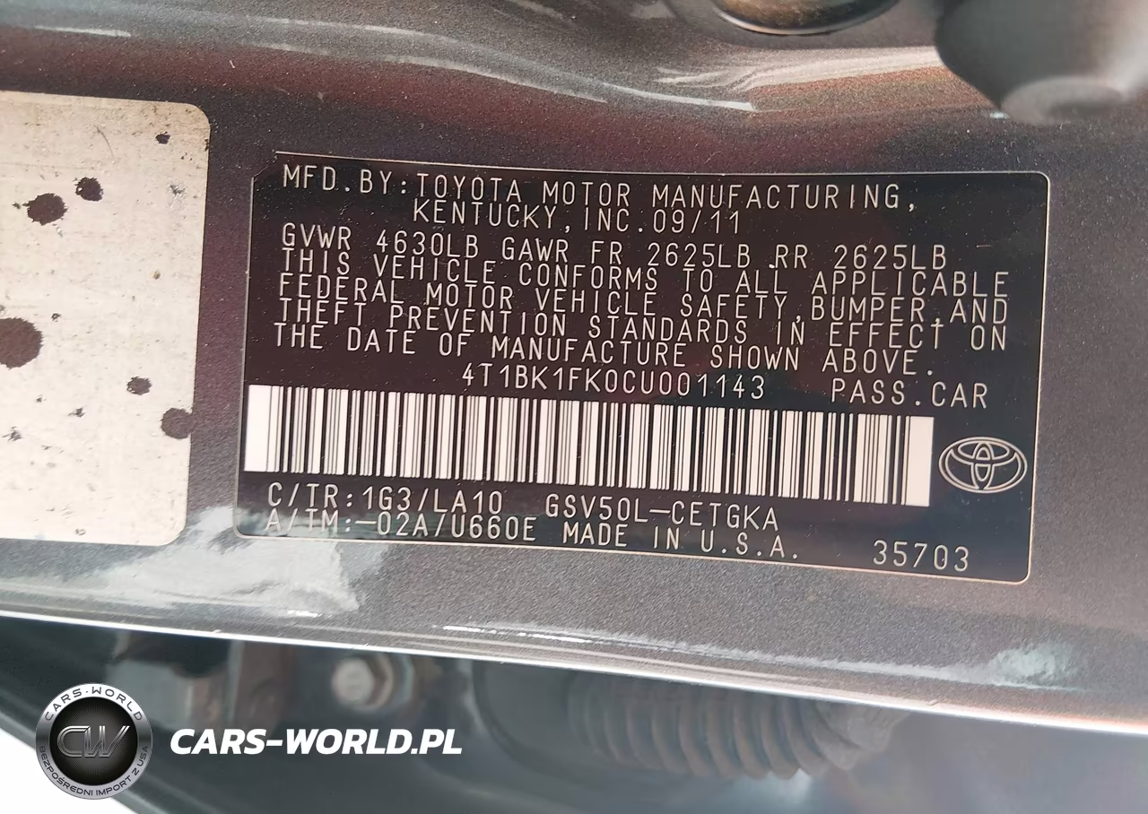 2012 Toyota Camry Xle V6 VIN:4T1BK1FK0CU001143 - 9