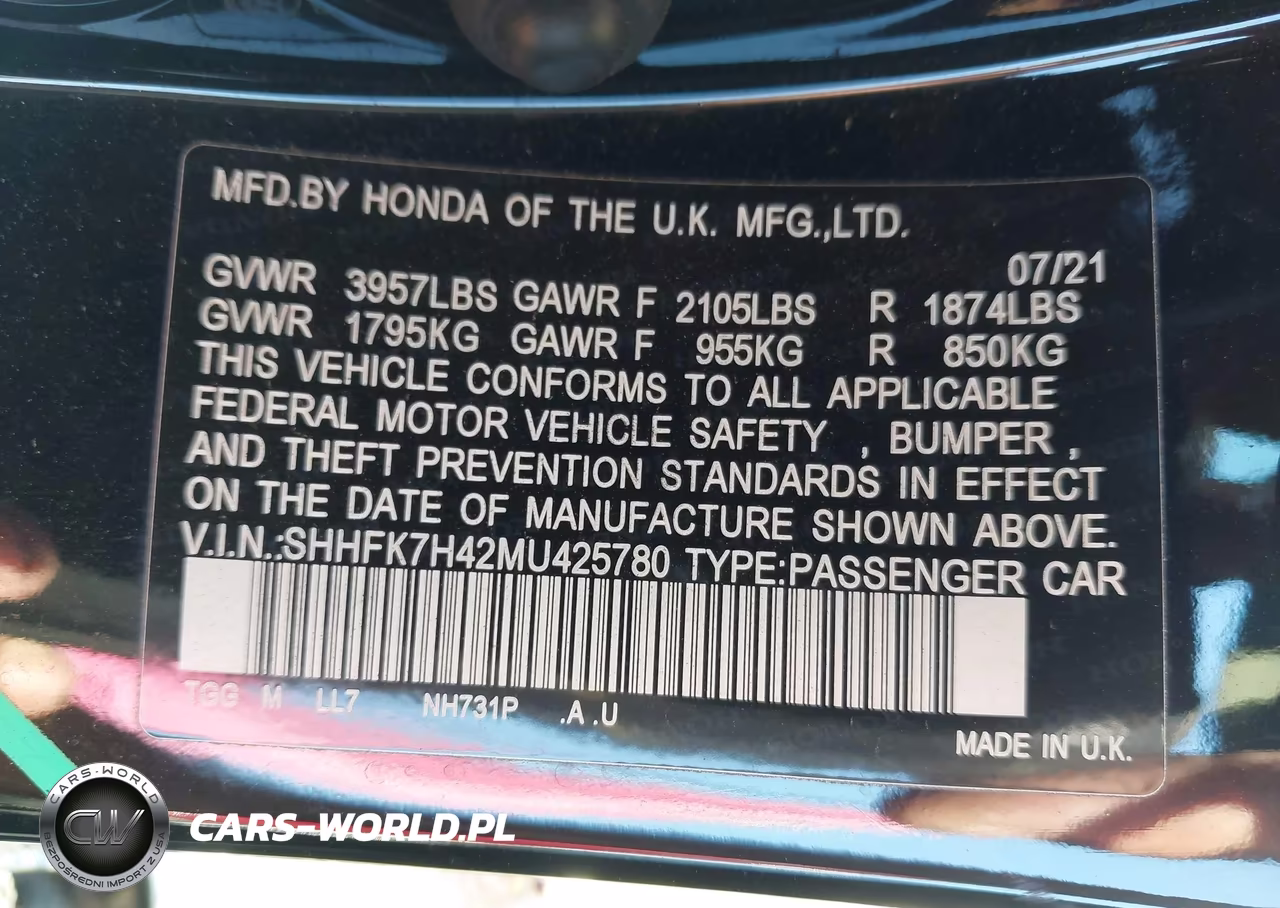 2021 Honda Civic Sport VIN:SHHFK7H42MU425780 - 9