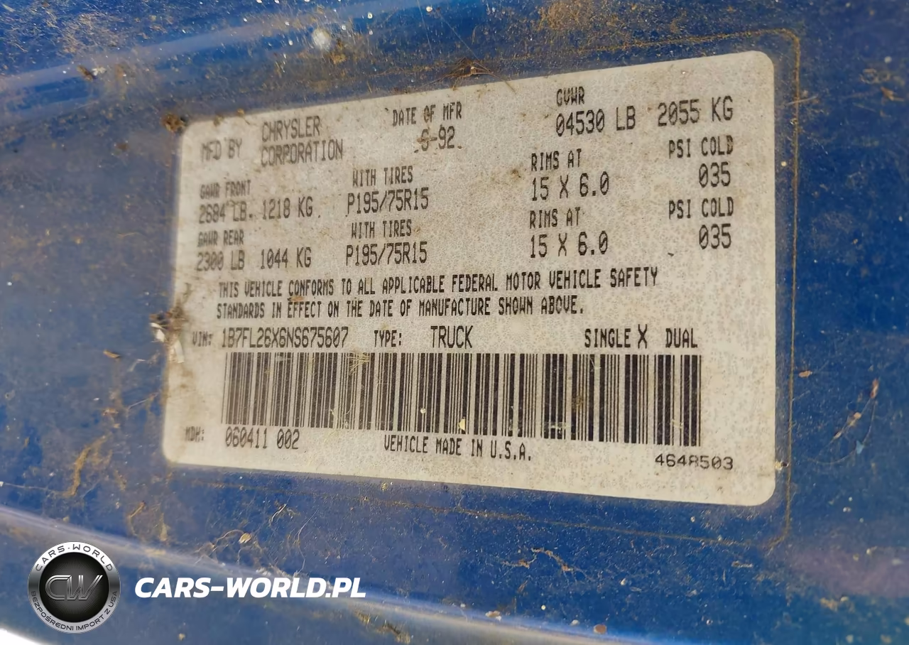 1992 Dodge Dakota VIN:1B7FL26X6NS675607 - 9