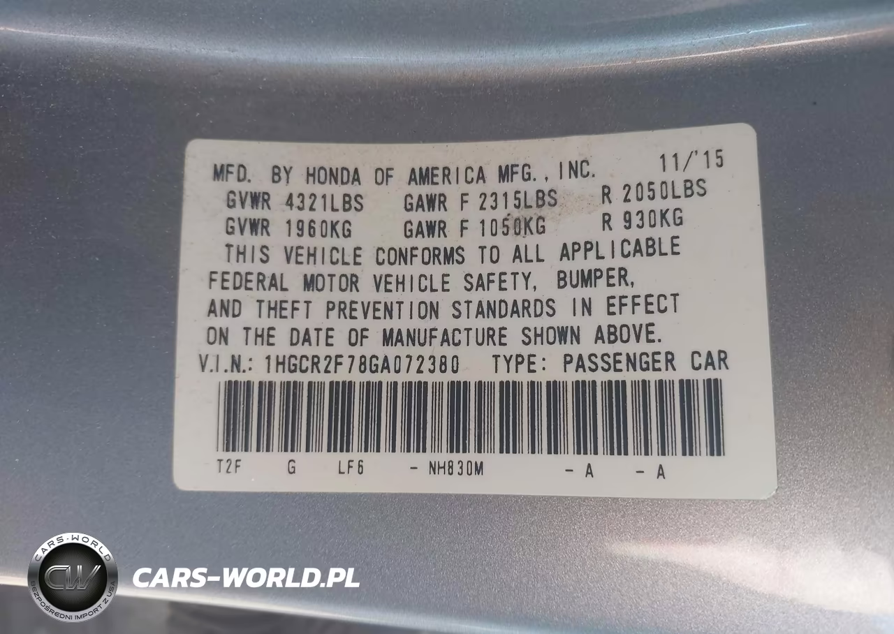 2016 Honda Accord Ex VIN:1HGCR2F78GA072380 - 9