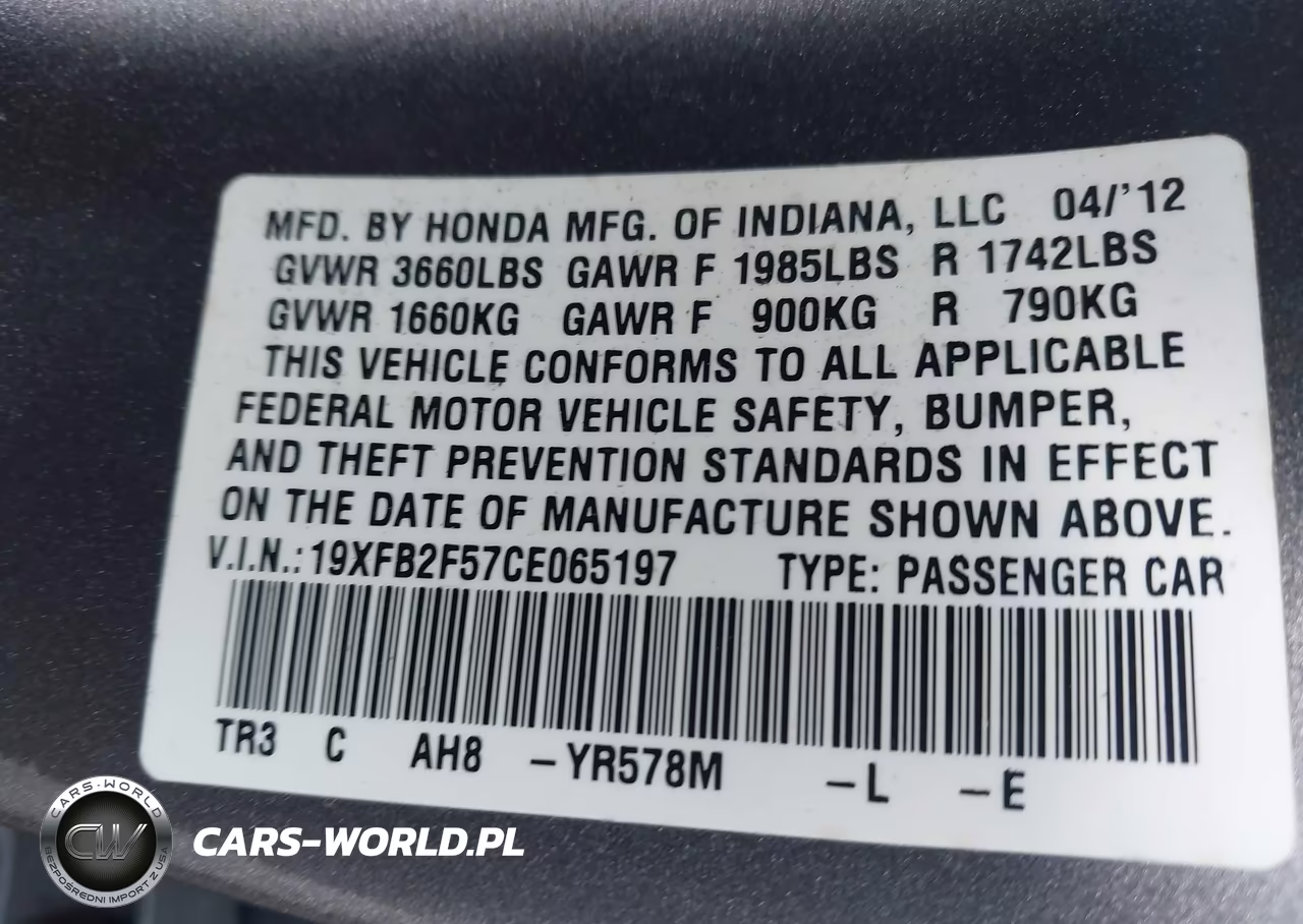 2012 Honda Civic Lx VIN:19XFB2F57CE065197 - 9