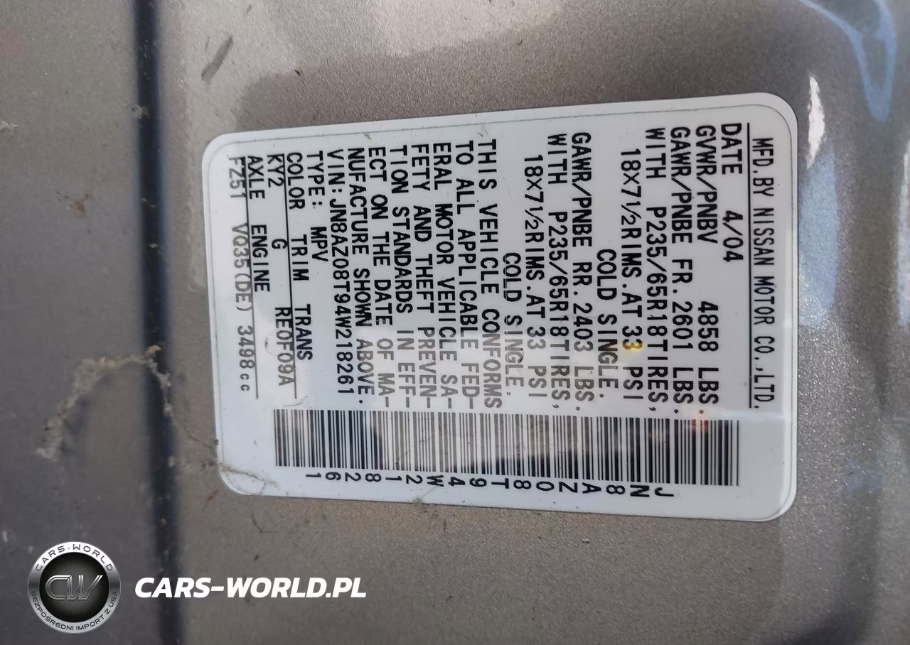 2004 Nissan Murano Sl VIN:JN8AZ08T94W218261 - 9