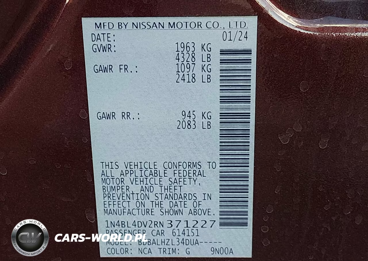 2024 Nissan Altima Sv Fwd VIN:1N4BL4DV2RN371227 - 9